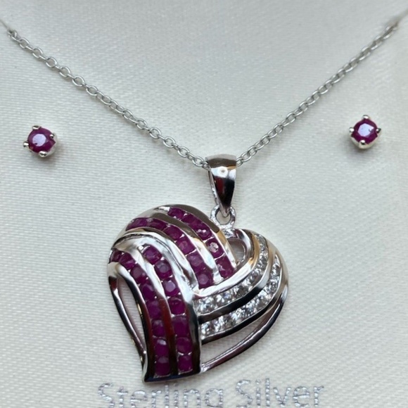 Sterling Silver & Ruby Necklace & Earring Set - Picture 3 of 3